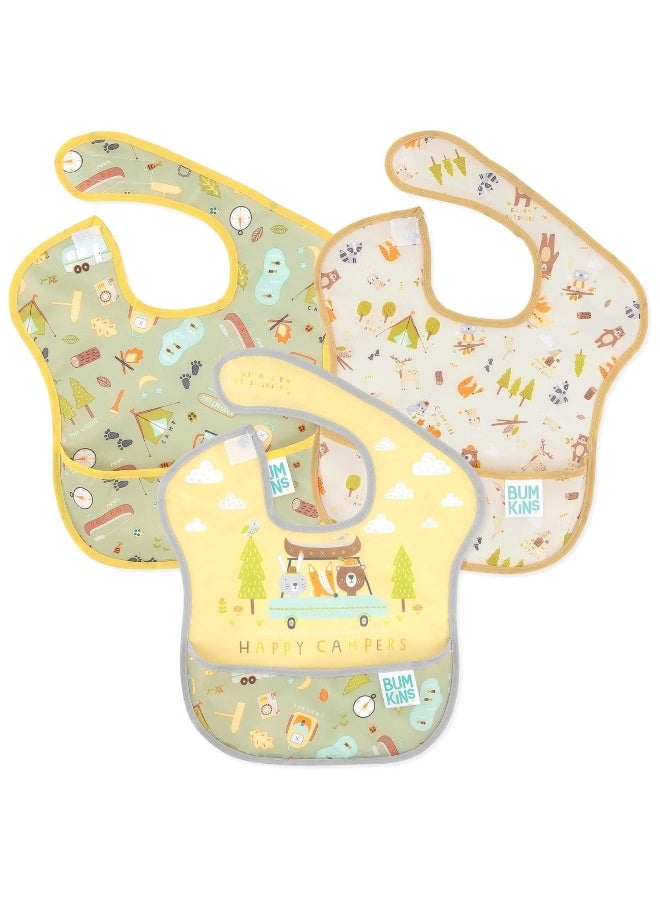 Bumkins Bibs for Girl or Boy, SuperBib Baby and Toddler 6-24 Months, Essential Must Have for Eating, Feeding, Baby Led Weaning Supplies, Mess Saving Catch Food, Waterproof Fabric 3-pk Happy Campers - Image 1