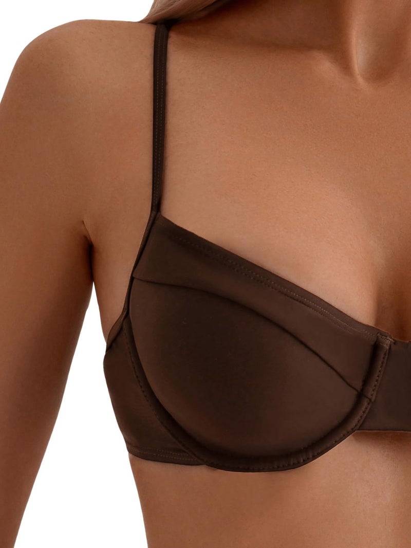 SweatyRocks Women's 2 Piece Bikini Set Spaghetti Strap High Cut Push Up Underwire Swimsuit Coffee Brown Large - Image 4