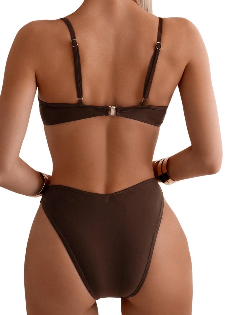 SweatyRocks Women's 2 Piece Bikini Set Spaghetti Strap High Cut Push Up Underwire Swimsuit Coffee Brown Large - Image 2
