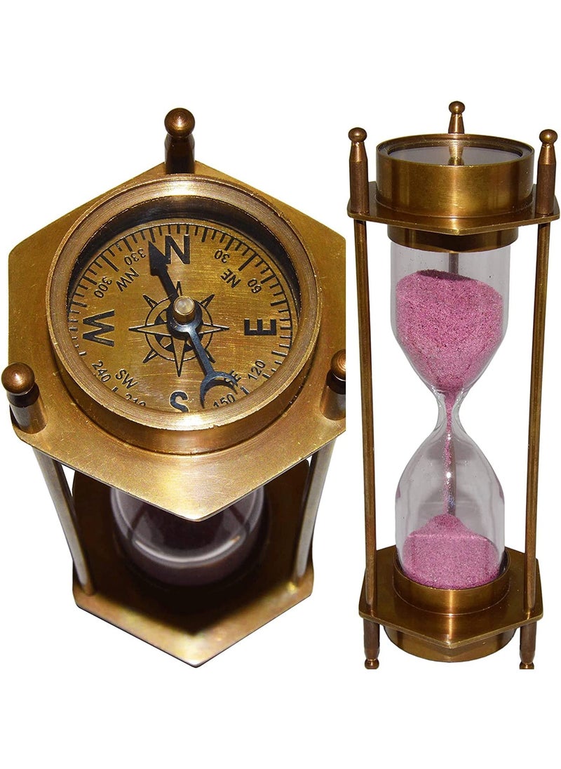 Blue Globe Brass Sand Timer Hourglass with Marine Compass Top and Bottom Decorative Clock 5 Antique Brass Compass Hourglass Nautical Maritime Sand Timer Desk Clock by Blue Globe Export  - Image 1