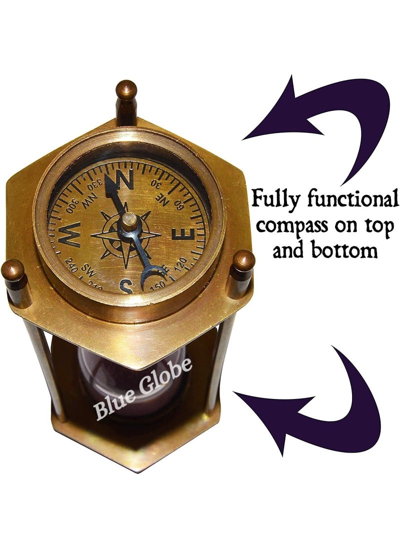 Blue Globe Brass Sand Timer Hourglass with Marine Compass Top and Bottom Decorative Clock 5 Antique Brass Compass Hourglass Nautical Maritime Sand Timer Desk Clock by Blue Globe Export  - Image 4
