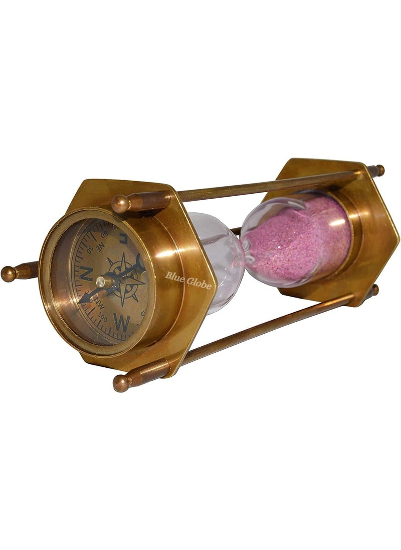Blue Globe Brass Sand Timer Hourglass with Marine Compass Top and Bottom Decorative Clock 5 Antique Brass Compass Hourglass Nautical Maritime Sand Timer Desk Clock by Blue Globe Export  - Image 5