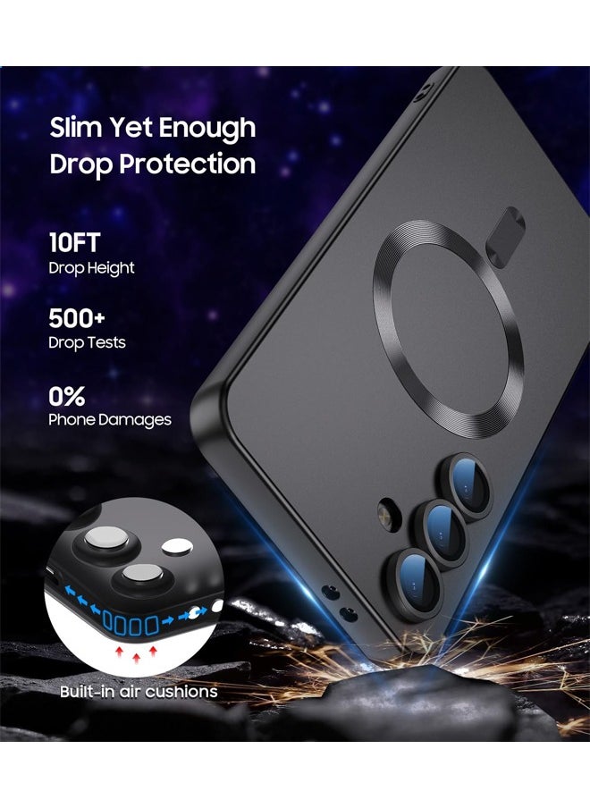 Magnetic Case for Samsung Galaxy S24 FE, [MagSafe Compatible][Built-in Camera Lens Protector][Light Slim] Soft Silicone Bumper Shockproof Matte Case Cover for Samsung Galaxy S24 FE 5G 6.7 inch, Black