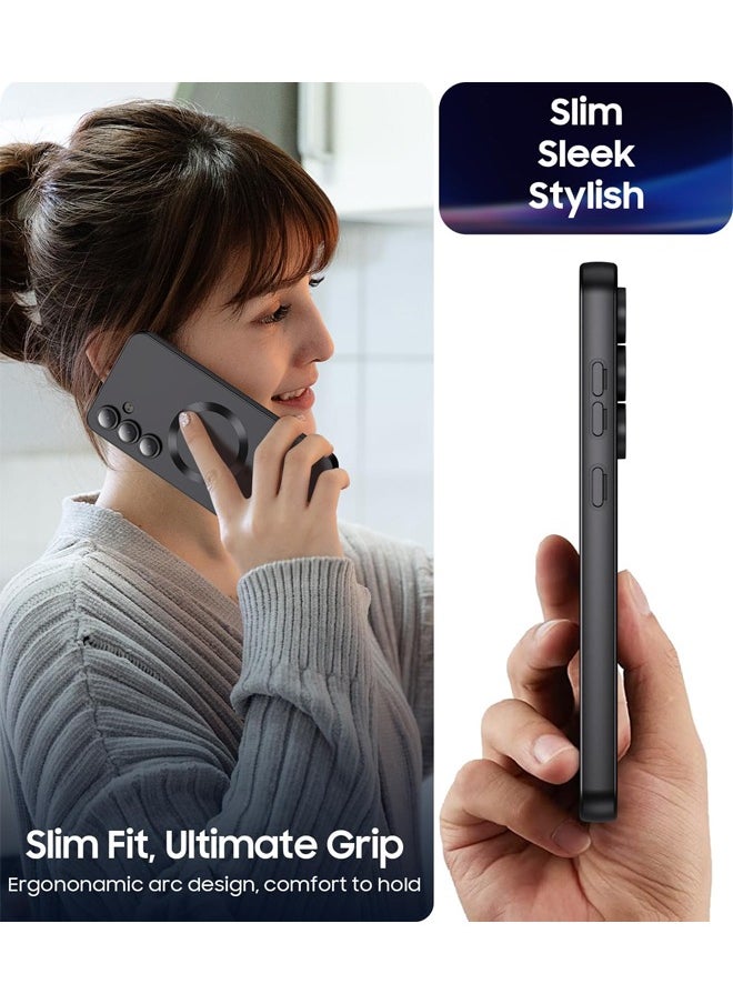 Magnetic Case for Samsung Galaxy S24 FE, [MagSafe Compatible][Built-in Camera Lens Protector][Light Slim] Soft Silicone Bumper Shockproof Matte Case Cover for Samsung Galaxy S24 FE 5G 6.7 inch, Black
