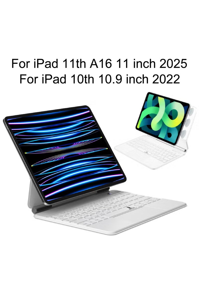 روك بو حافظة لوحة مفاتيح سحرية باللغة العربية والإنجليزية لجهاز iPad (A16) 11 بوصة 2025/حافظة لوحة مفاتيح لجهاز iPad 10 10.9 بوصة 2022 مع غطاء خلفي مغناطيسي ولوحة تتبع ذكية ولوحة مفاتيح بإضاءة خلفية لجهاز 2025 (A3354 A3355 A3356)/2022 (A2696 A2757 A2777) أبيض - Image 1