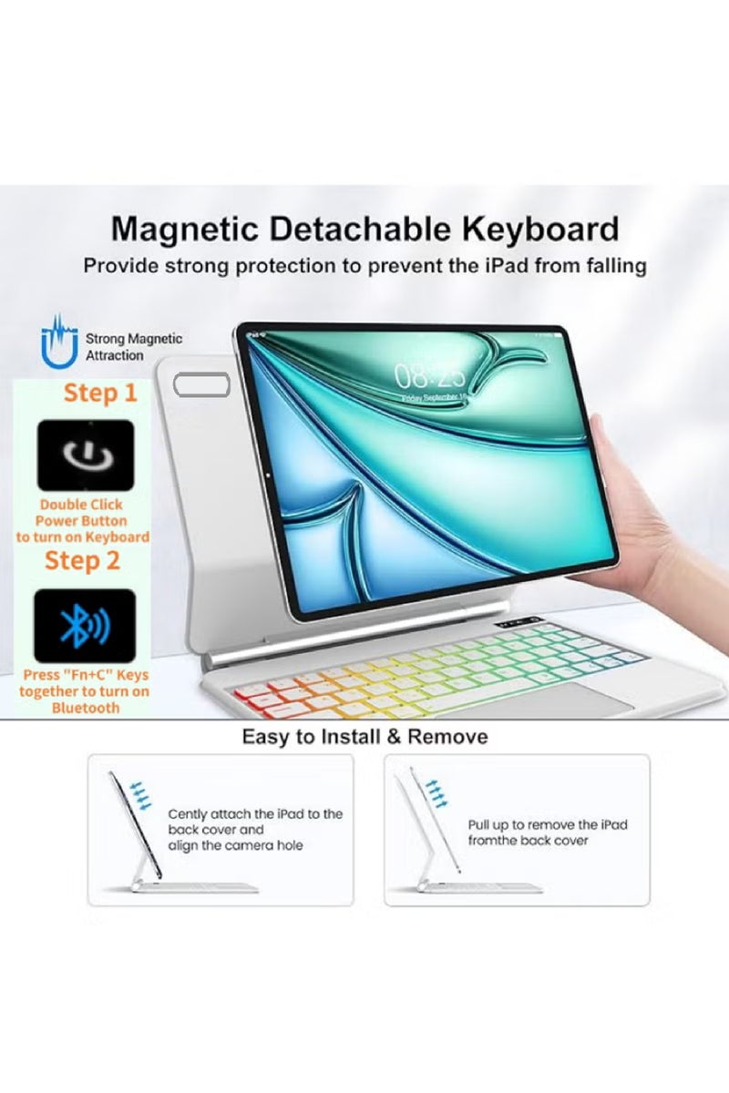 روك بو حافظة لوحة مفاتيح سحرية باللغة العربية والإنجليزية لجهاز iPad (A16) 11 بوصة 2025/حافظة لوحة مفاتيح لجهاز iPad 10 10.9 بوصة 2022 مع غطاء خلفي مغناطيسي ولوحة تتبع ذكية ولوحة مفاتيح بإضاءة خلفية لجهاز 2025 (A3354 A3355 A3356)/2022 (A2696 A2757 A2777) أبيض - Image 3
