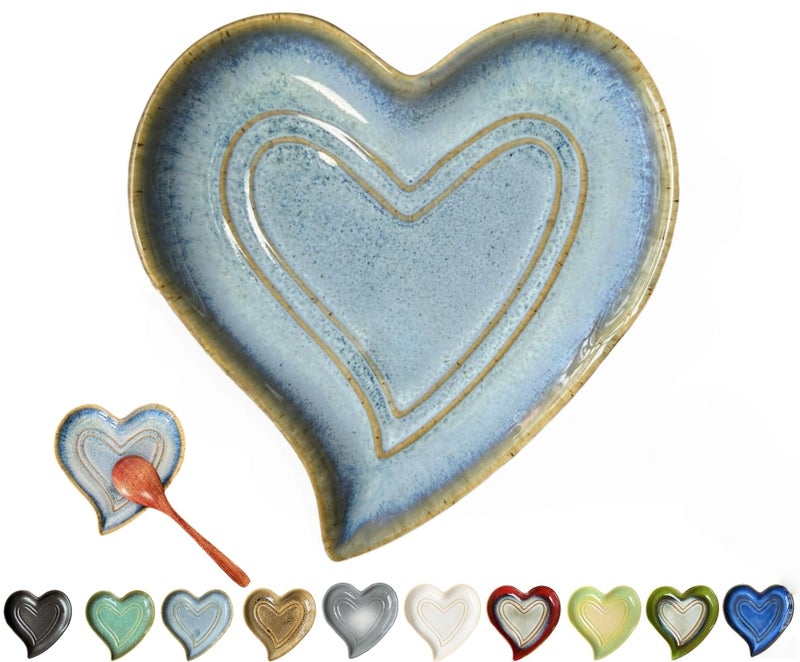 Rhobtyne Ceramic Spoon Rest for Stove Top, Heart Cute Spoon Rest for Kitchen Counter, Cooking Spoon Holder for Kitchen Counter, Utensil Rest Spatula Rest Ladle Holder Tong Rest (Retro Sea Blue) - Image 1