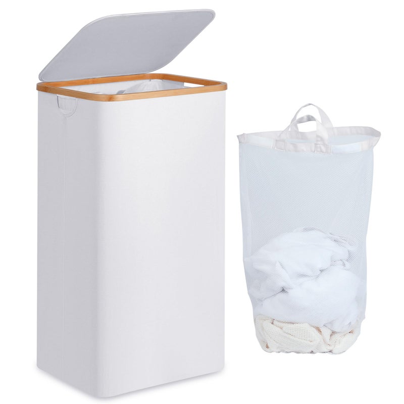 efluky Laundry Hamper with Lid 100L Tall Laundry Basket with Bamboo Handles for Clothes and Toys Collapsible Laundry Hamper with Inner Bag for Bedroom and Bathroom White