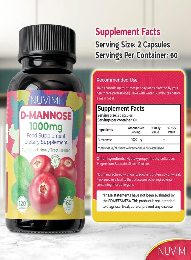 NUVIMI D Mannose 120 Capsules - 1000 mg per Dose - Dietary Supplement Helps Promote Urinary Tract Health - Natural Vegan UTI Defense - Image 5