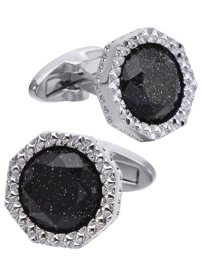 Jonwo Octagon Black Obsidian Gemstone Men's Cufflinks In Gift Case Silver / 14K Gold Plated Cufflinks for Men Jewelry for Wedding Party Business Birthday Anniversary Dress, 15mm/0.59 Inch, Brass, obsidian - Image 1