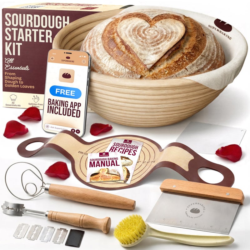 Superbaking Banneton Bread Proofing Basket Set with Silicone Dough Sling, 9" Splinter-Free Proofing Basket, Non-Stick Dutch Oven Liner, Sourdough Starter Kit, Sourdough Bread Baking Supplies & Tools - Image 1