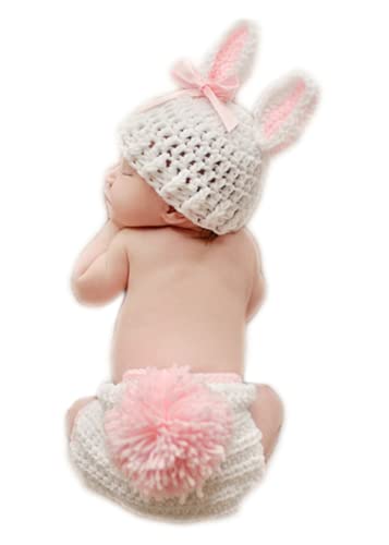Vedory Newborn Baby Bunny Rabbit Crochet Knitted Photography Props Newborn Baby Outfits Diaper Costume (White) - Image 1