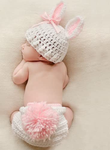 Vedory Newborn Baby Bunny Rabbit Crochet Knitted Photography Props Newborn Baby Outfits Diaper Costume (White) - Image 2