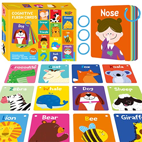SpriteGru 50 PCS Kid First Cognitive Flashcards,Double Sided Printed 7 in 1 Colorful Cards Alphabet,Numbers, Foods,Animals,Shapes,Colors with 3 Reclosable Rings,Learning Tool for Pre-K Kindergarten Toddlers - Image 1