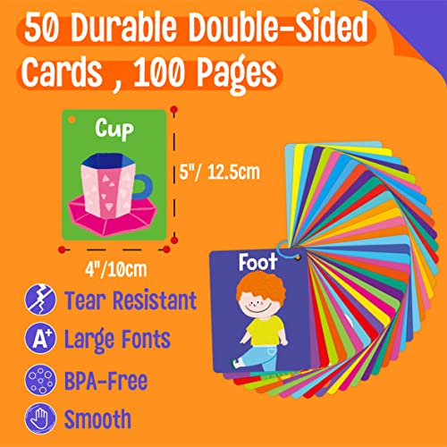 SpriteGru 50 PCS Kid First Cognitive Flashcards,Double Sided Printed 7 in 1 Colorful Cards Alphabet,Numbers, Foods,Animals,Shapes,Colors with 3 Reclosable Rings,Learning Tool for Pre-K Kindergarten Toddlers - Image 2
