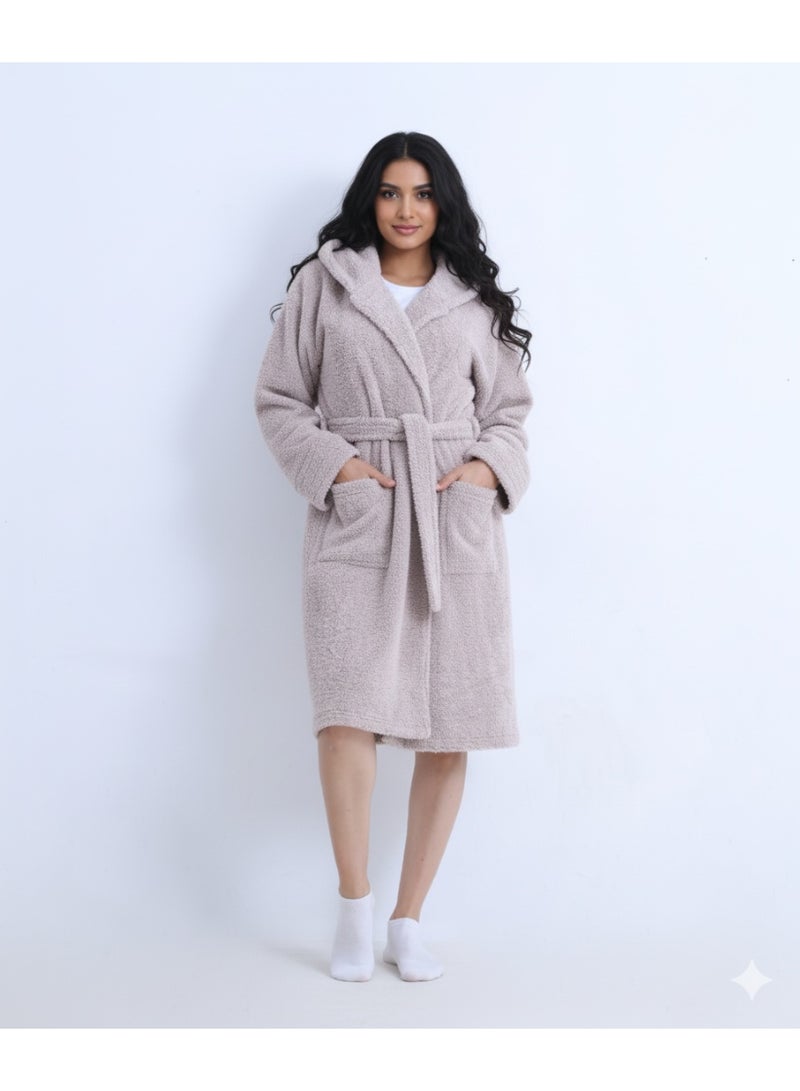 zecotex  Women's Winter Soft Fleece Bathrobe with Hood - Cozy & Warm - Belted with Pockets - Light Dusty Rose / Beige - Sizes M and L - Image 1