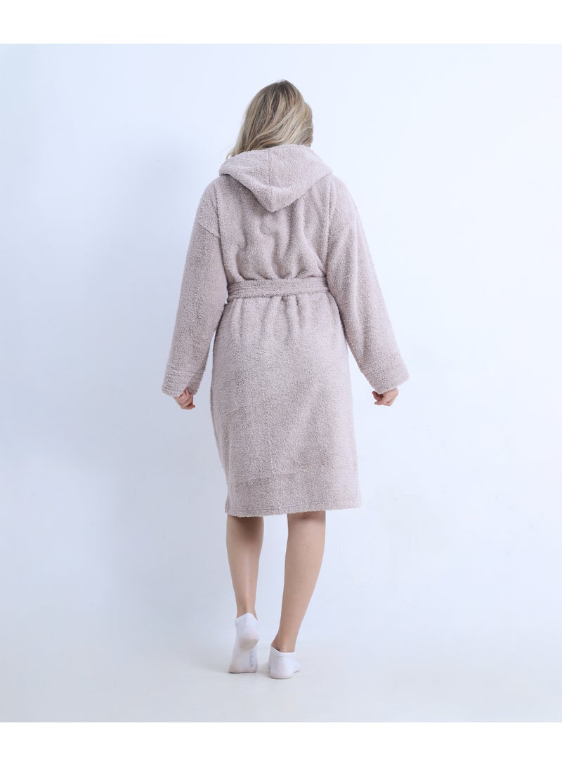 zecotex  Women's Winter Soft Fleece Bathrobe with Hood - Cozy & Warm - Belted with Pockets - Light Dusty Rose / Beige - Sizes M and L - Image 5
