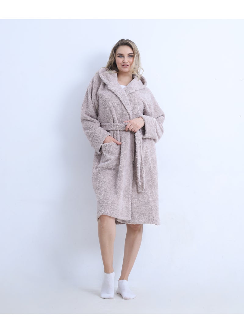 zecotex  Women's Winter Soft Fleece Bathrobe with Hood - Cozy & Warm - Belted with Pockets - Light Dusty Rose / Beige - Sizes M and L - Image 3