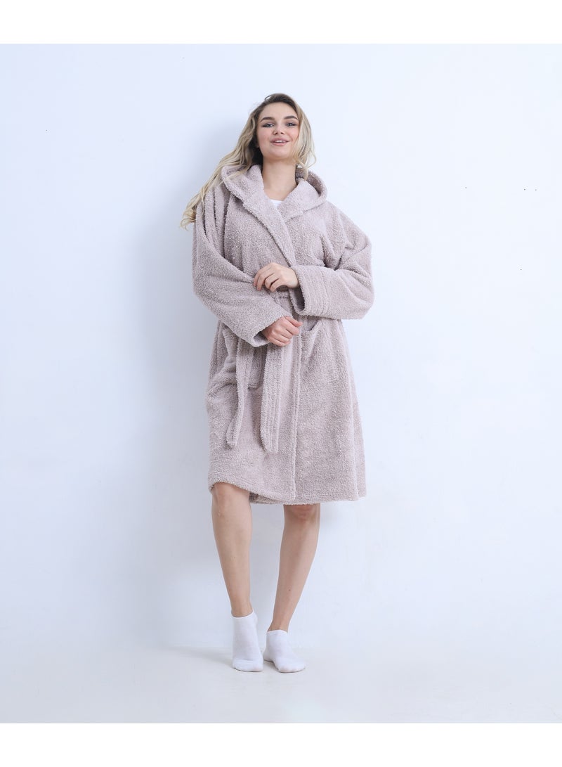 zecotex  Women's Winter Soft Fleece Bathrobe with Hood - Cozy & Warm - Belted with Pockets - Light Dusty Rose / Beige - Sizes M and L - Image 2