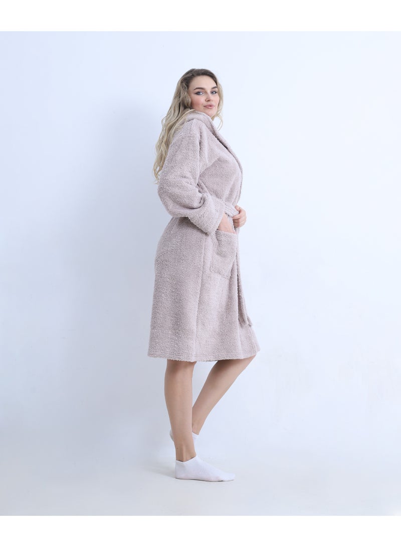 zecotex  Women's Winter Soft Fleece Bathrobe with Hood - Cozy & Warm - Belted with Pockets - Light Dusty Rose / Beige - Sizes M and L - Image 4
