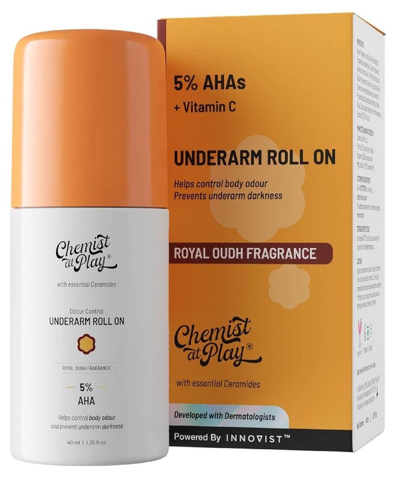 Chemist at Play UnderArm Roll-On with 5% AHA, Lactic Acid & 1% Mandelic Acid Prevents Body Odour, Brightens Skin and Exfoliates Underarm 40ML - Image 1