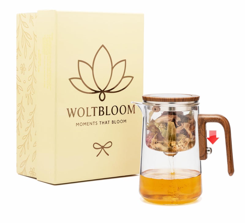 WOLTBLOOM Enchanti Tea Pot - Modern Glass Infuser Teapot - Water Separation Magic Teapot with Heat-Resistant Handle - Elegant Gift Box & Writable Card - Perfect for Loose Leaf Tea - 800 ML (27oz) - Image 1
