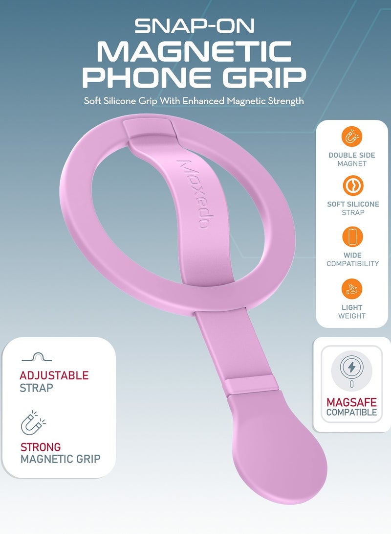 Moxedo Snap-On Magnetic Phone Grip Soft Silicone Grip Adjustable Strap with Double Sided Magnetic Design Compatible for iPhone 16 15 Pro Max Plus 14 13 12 and All Phones - Pink - Image 2