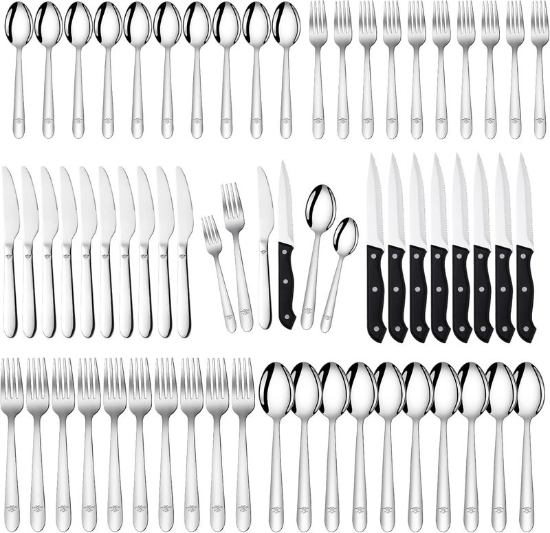 Amrules 58Piece Silverware Set Service for 10  Stainless Steel Flatware Cutlery Set  Knives Forks and Spoons Utensil Sets for Home Kitchen Restaurant Hotel Mirror Polished Dishwasher Safe - Image 1