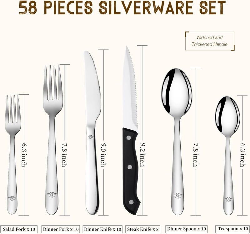 Amrules 58Piece Silverware Set Service for 10  Stainless Steel Flatware Cutlery Set  Knives Forks and Spoons Utensil Sets for Home Kitchen Restaurant Hotel Mirror Polished Dishwasher Safe - Image 2