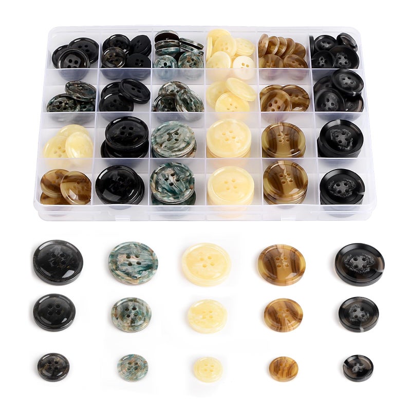 OELFFOW 110Pcs Mixed Sewing Buttons, 4-Hole Craft Round Blazer Buttons, 5 Color 3 Size (15mm, 20mm, 25mm) Suit Coats Resin Button, Suitable for Variety Clothing Sewing, DIY Craft (Style A) - Image 1
