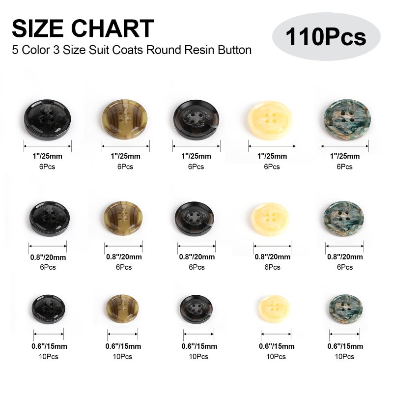 OELFFOW 110Pcs Mixed Sewing Buttons, 4-Hole Craft Round Blazer Buttons, 5 Color 3 Size (15mm, 20mm, 25mm) Suit Coats Resin Button, Suitable for Variety Clothing Sewing, DIY Craft (Style A) - Image 2
