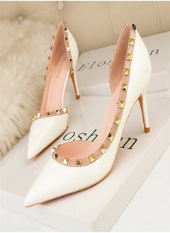 Eloshman Fashionable Rivet Shallow Cut Pointed Side Hollowed Out Women's Thin Heel High Heels  White  - Image 1