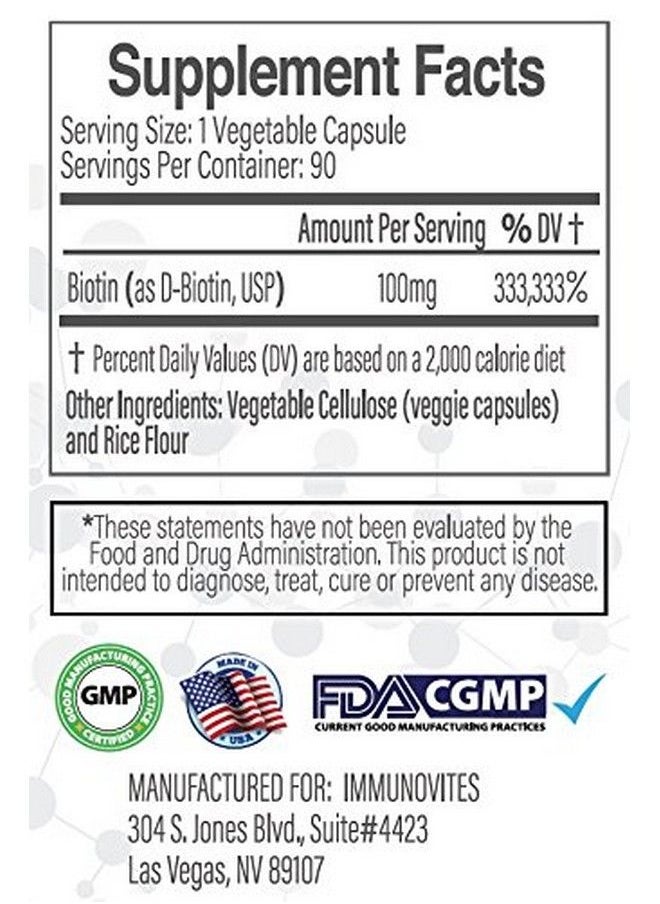 IMMUNOVITES - High Dose Biotin (As Dbiotin Usp) 100Mg (Equivalent To 100000Mcg) 90 Capsules High Potency - Image 1