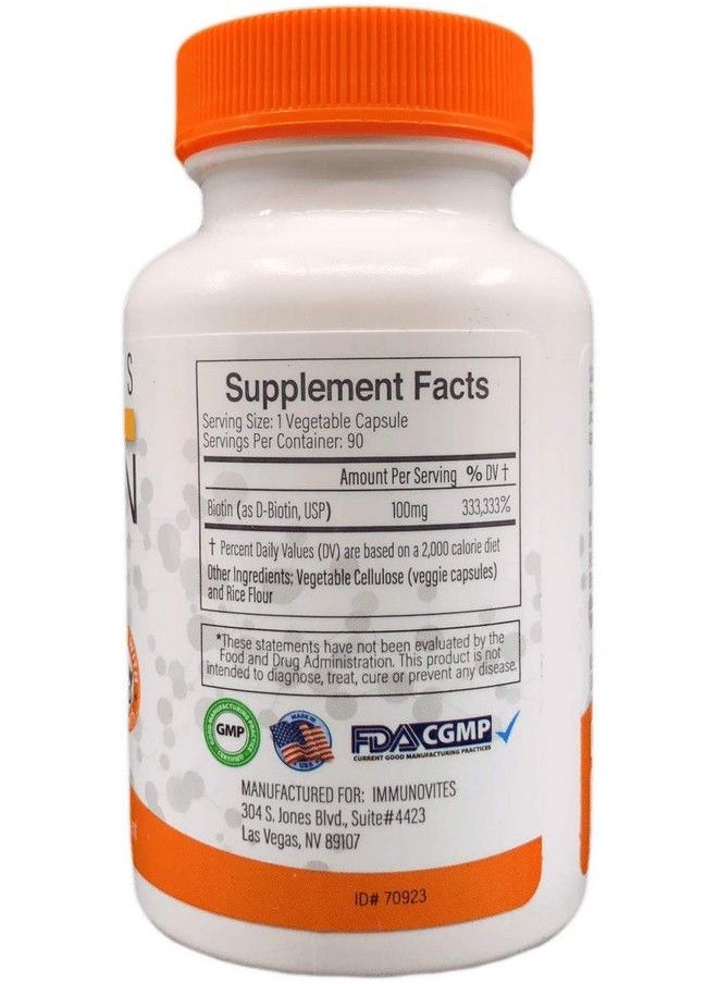 IMMUNOVITES - High Dose Biotin (As Dbiotin Usp) 100Mg (Equivalent To 100000Mcg) 90 Capsules High Potency - Image 1