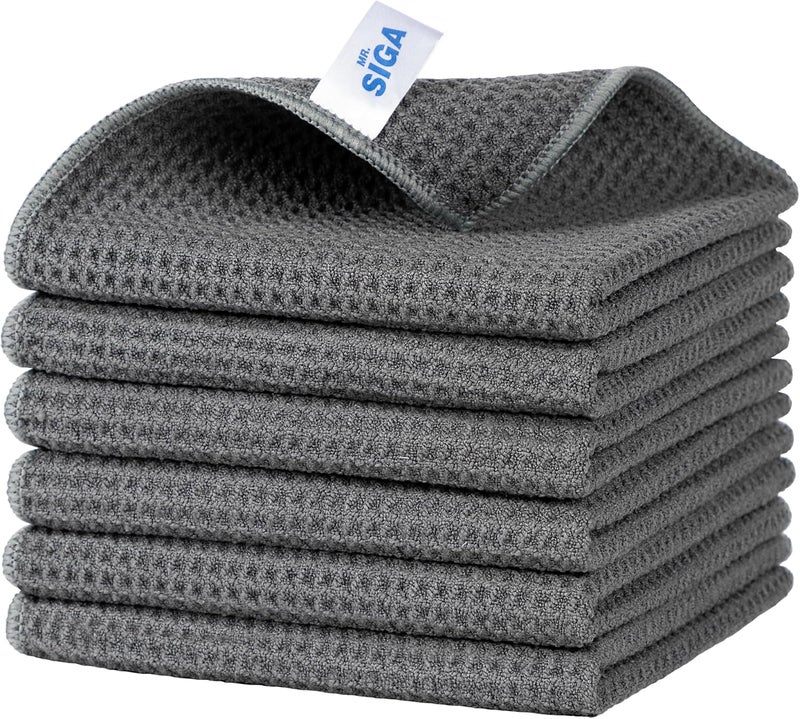 Mr Siga MR.SIGA Set of 6 Waffle Microfibre Cloths - Absorbent Reusable Tea Towels, Multi-Purpose Washcloths, 32 x 32 cm, Grey - Image 1