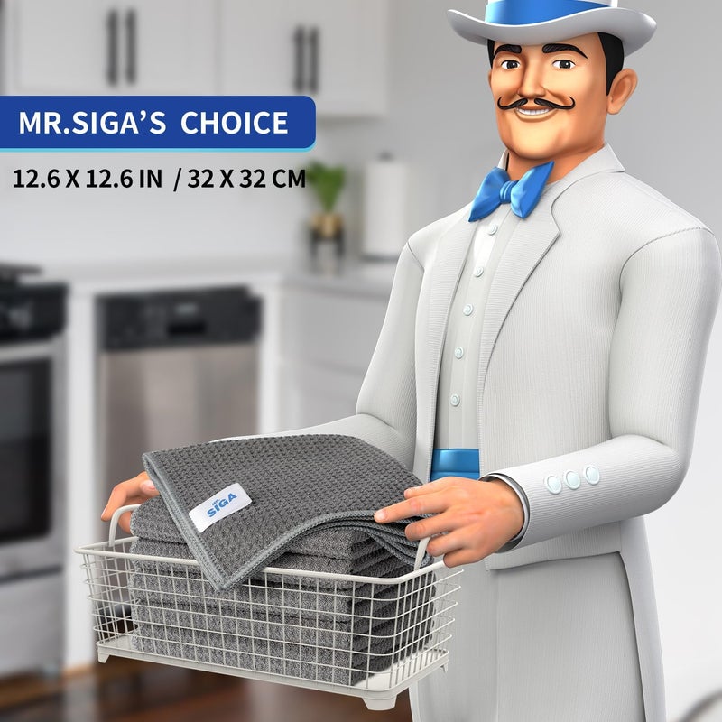 Mr Siga MR.SIGA Set of 6 Waffle Microfibre Cloths - Absorbent Reusable Tea Towels, Multi-Purpose Washcloths, 32 x 32 cm, Grey - Image 2