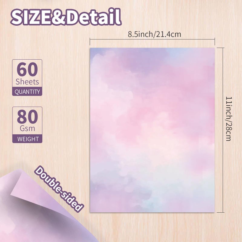 fuceury 60 Sheets Watercolored Stationery Paper, 8.5 x 11 inch Double-Sided Pastel Paper for Writing Letters and Invitations(Style 01) - Image 2