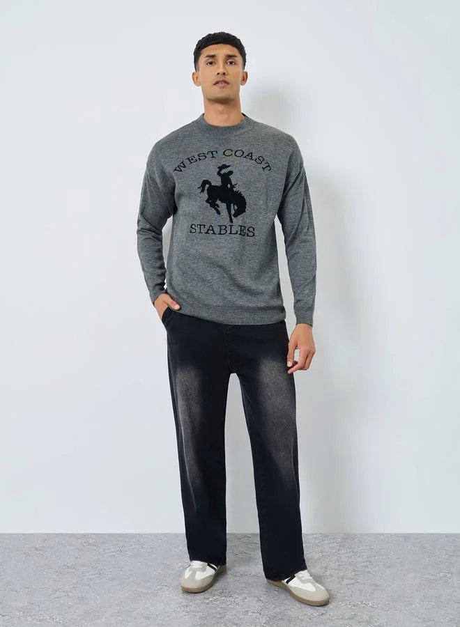 Styli Men Grey Flat Knit Relaxed Sweater