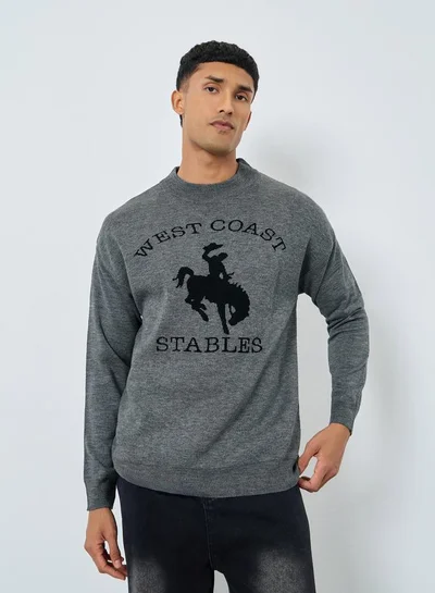 Styli Men Grey Flat Knit Relaxed Sweater