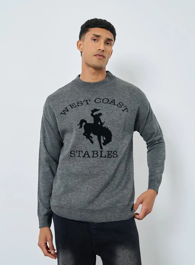 Styli Men Grey Flat Knit Relaxed Sweater