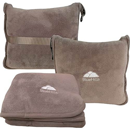 BlueHills BlueHills Premium Soft Travel Blanket Pillow Airplane Flight Blanket Throw in Soft Bag Pillow case with Luggage Belt  Backpack Clip Compact Pack Large Airport Taupe T023 