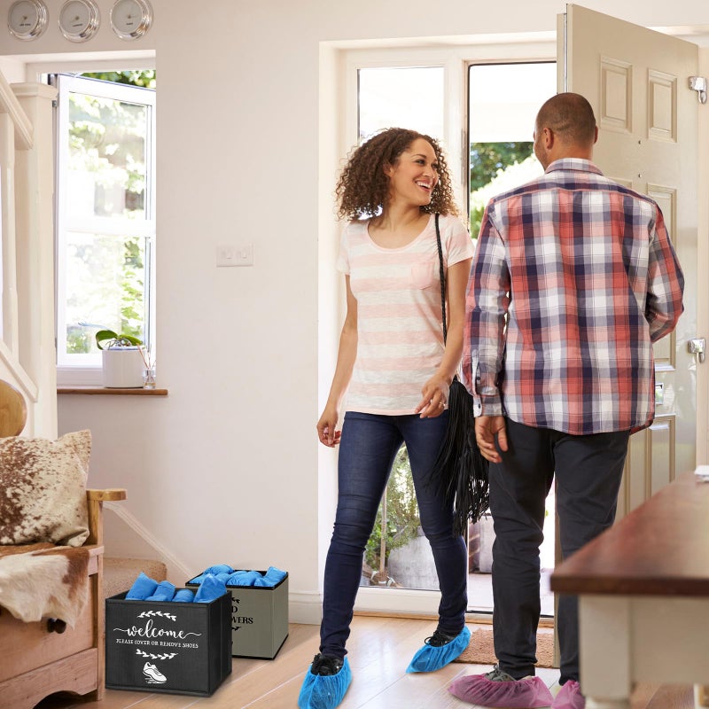 Singhoow 2 Pcs Shoe Cover Boxes Dispenser Foldable Storage Bins, Used Shoe Covers and Welcome Please or Remove Sign Entryway Basket Holder for Open House Supplies(Dark Gray, Black) - Image 5