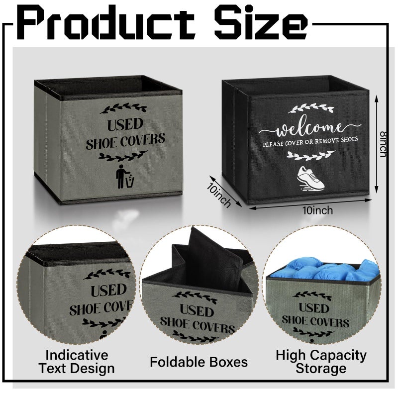 Singhoow 2 Pcs Shoe Cover Boxes Dispenser Foldable Storage Bins, Used Shoe Covers and Welcome Please or Remove Sign Entryway Basket Holder for Open House Supplies(Dark Gray, Black) - Image 2