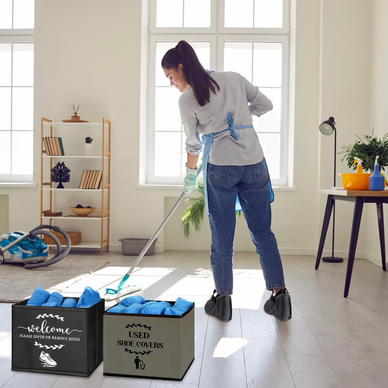 Singhoow 2 Pcs Shoe Cover Boxes Dispenser Foldable Storage Bins, Used Shoe Covers and Welcome Please or Remove Sign Entryway Basket Holder for Open House Supplies(Dark Gray, Black) - Image 4