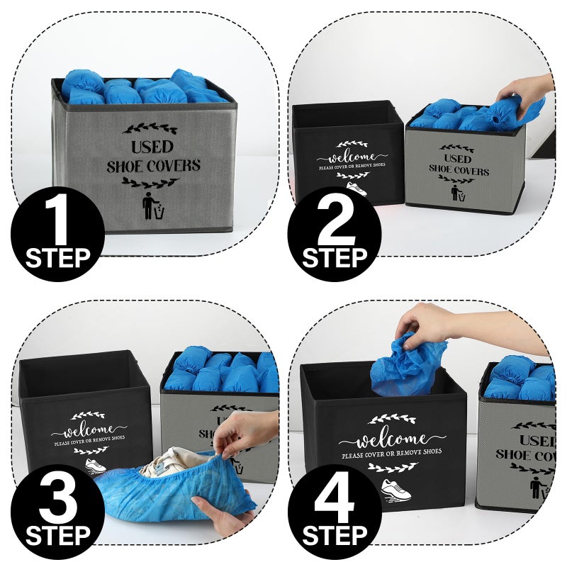 Singhoow 2 Pcs Shoe Cover Boxes Dispenser Foldable Storage Bins, Used Shoe Covers and Welcome Please or Remove Sign Entryway Basket Holder for Open House Supplies(Dark Gray, Black) - Image 3
