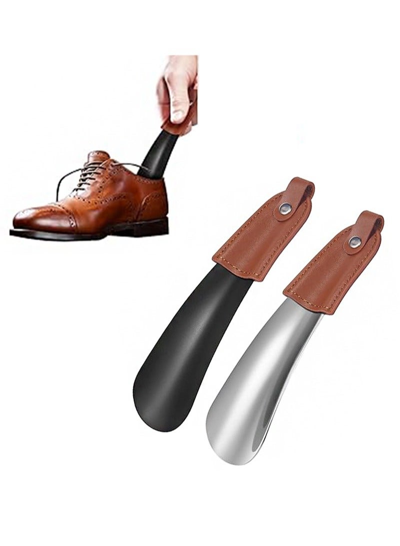 أبوستيم قطعتان من ملقط الأحذية المعدني صغير الحجم، مقاس صغير 16 سم بمقبض جلدي، ملعقة أحذية من الفولاذ المقاوم للصدأ قصيرة لكبار السن والأطفال (أسود + فضي) - Image 1