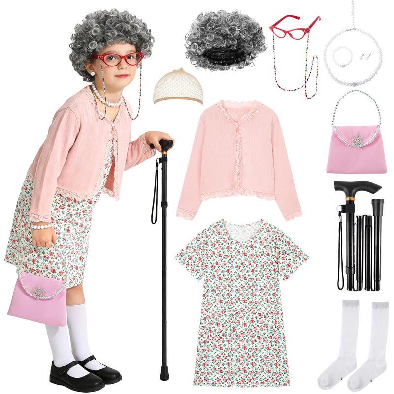 WooHand Grandma Costume for Kids 100 Day of School Costume for Girls Old Lady Granny Dress Up 100th Day of School Outfit Shirt Wig Ages 8-10 Pink - Image 1