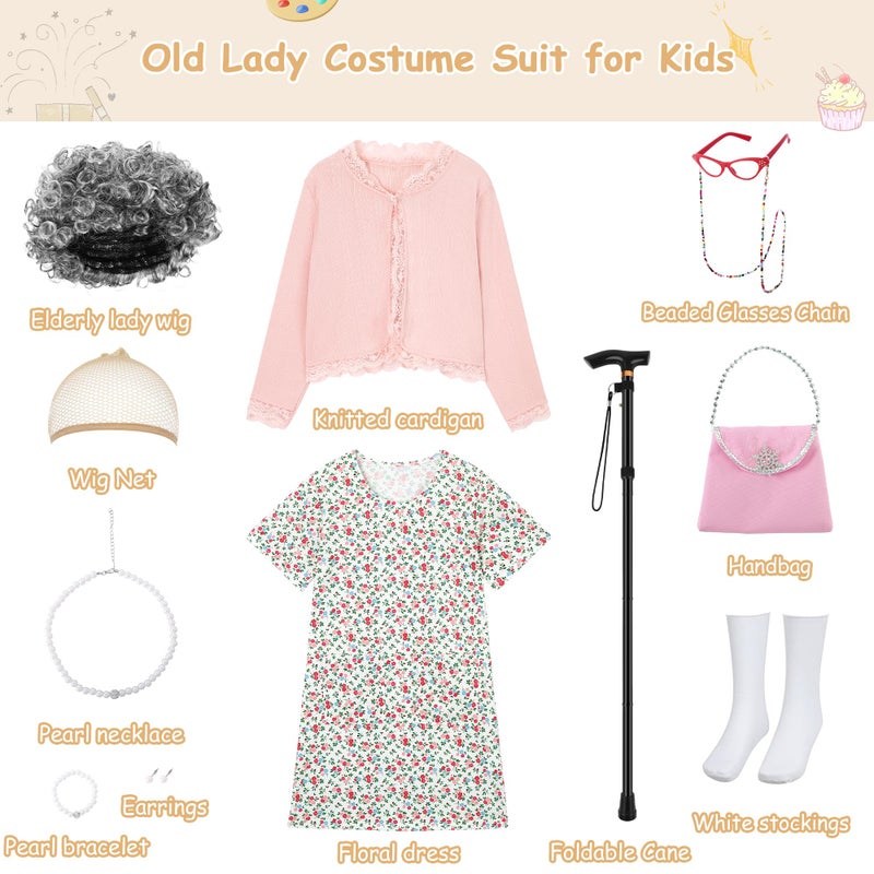 WooHand Grandma Costume for Kids 100 Day of School Costume for Girls Old Lady Granny Dress Up 100th Day of School Outfit Shirt Wig Ages 8-10 Pink - Image 4