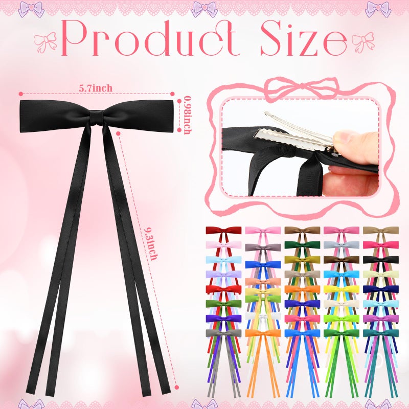 Mimorou 40 Pcs Bow Hair Clips Bulk Multicolor Bow Barrettes Set Hair Accessories with Long Tail Ribbon Bowknot Barrettes Clip and Tassel Colorful Valentine's Day Galentines Women Gift(Rich Colors) - Image 2
