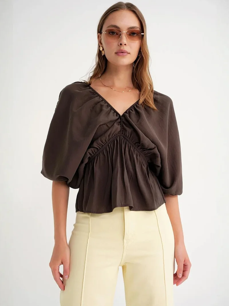 MixRay Coffee Brown Mixray V-Neck Blouse with Ruffle Detail for Women | Best Price UAE